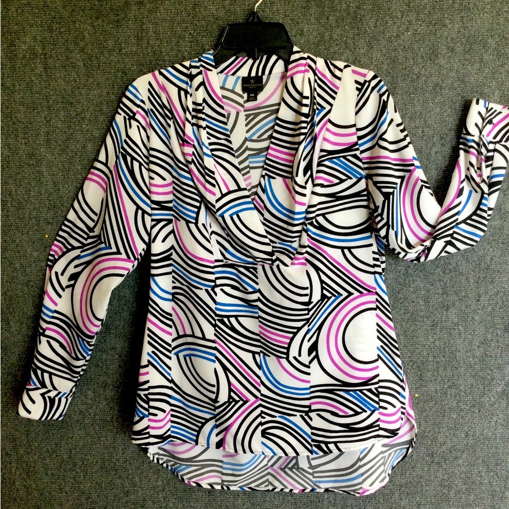 WORTHINGTON PETITE Medium pullover poly BLOUSE with pleated neck treatment.